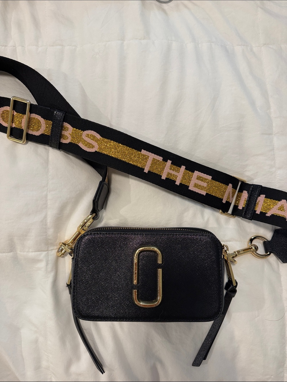 Marc Jacobs Black Snapshot Camera Bag with Gold Tone Hardware and Logo Strap
